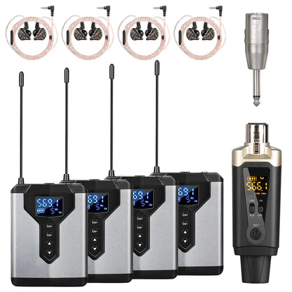 Set of four silver and black stereo uhf in-ear wireless microphone receivers with transmitters for live music stage and performance studio
