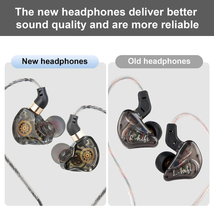 Transparent black stereo uhf in-ear headphones with gold accents and engraved r-hifi markings for live music stage use