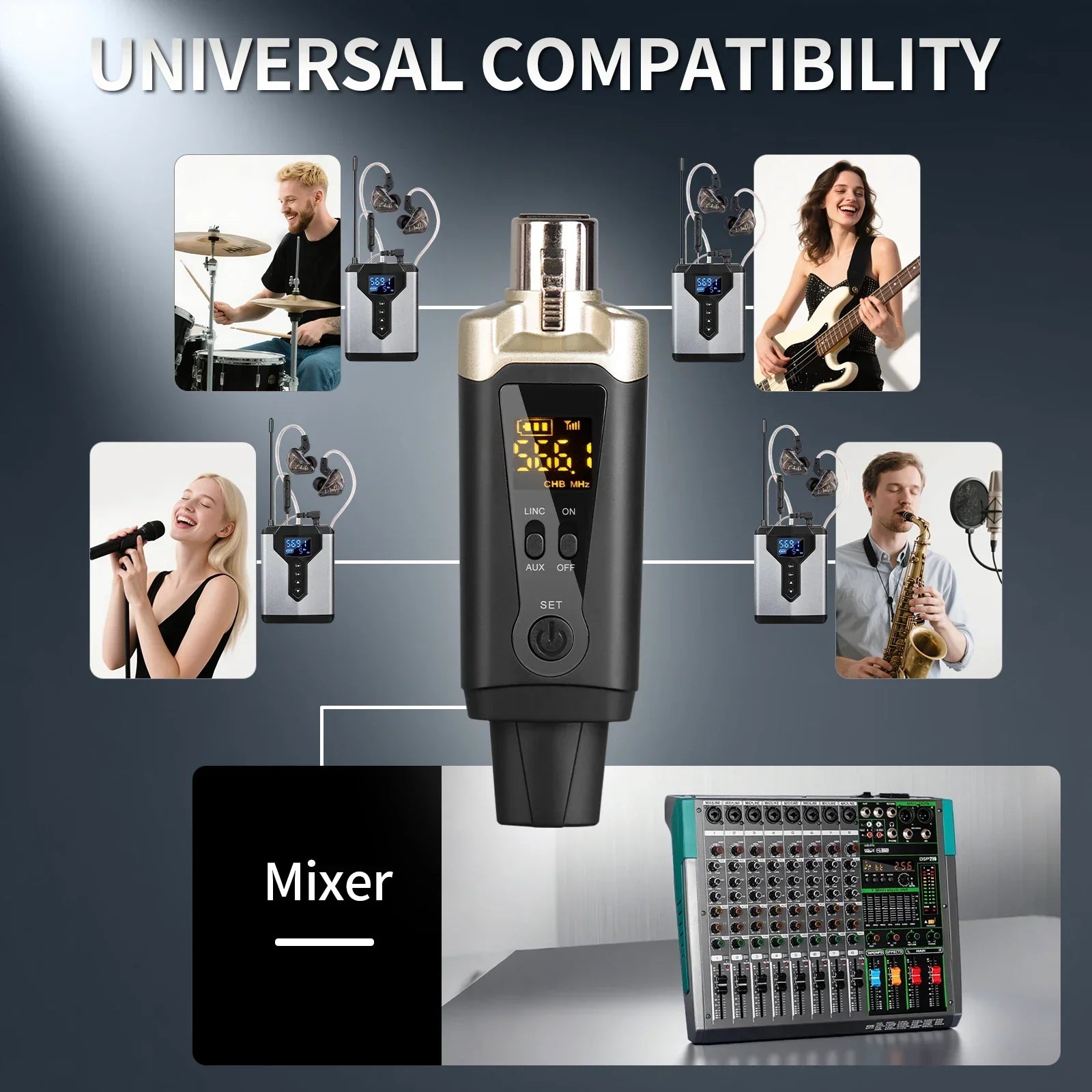 Black and gold wireless lavalier microphone transmitter with digital display for stereo uhf in-ear live music stage performance studio