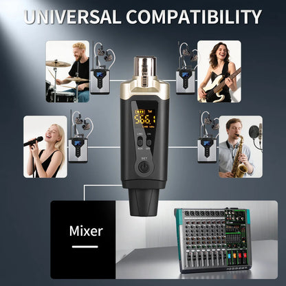 Black and gold wireless lavalier microphone transmitter with digital display for stereo uhf in-ear monitoring stage performance studio