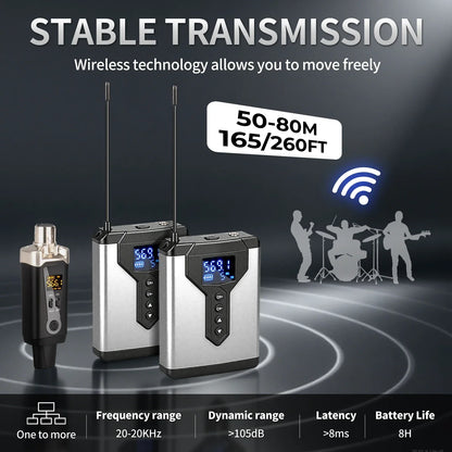 Silver and black stereo uhf in-ear wireless transmitter system with digital displays for stage performance studio use