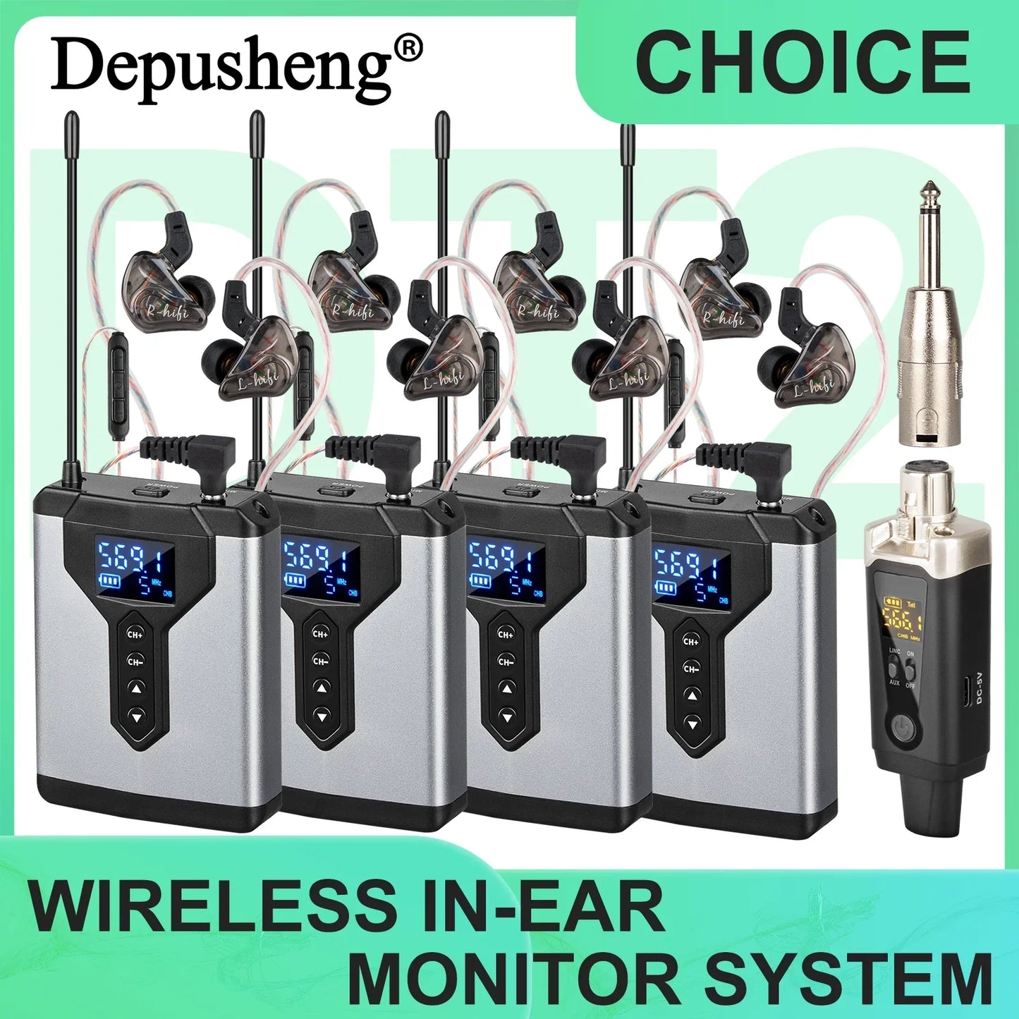 Silver and black stereo uhf in-ear wireless monitoring system with four glossy transparent earpieces for stage performance studio