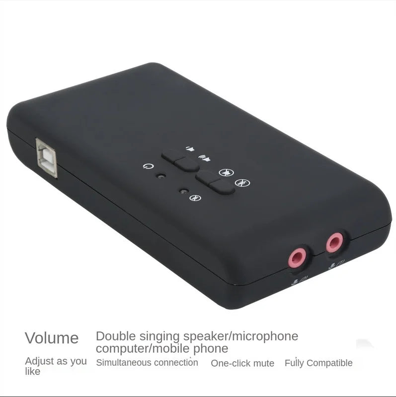 Black stereo usb dynamic audio interface with pink 3.5mm jacks and control buttons featuring remote wake-up support