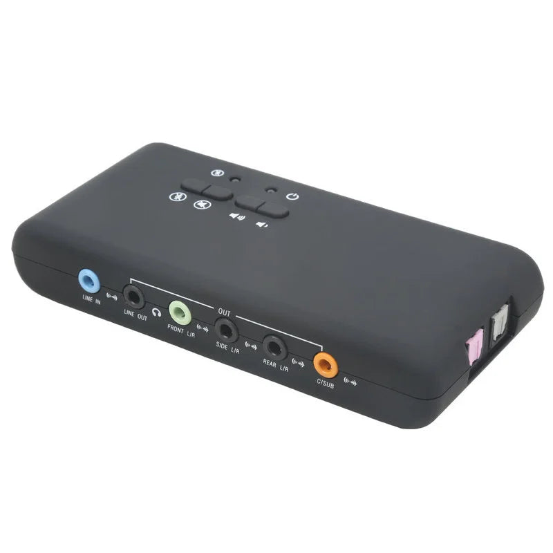 Black plastic stereo usb dynamic audio optical fiber surround sound 7.1 channel recording playback interface backside with colored rca and 35mm jacks