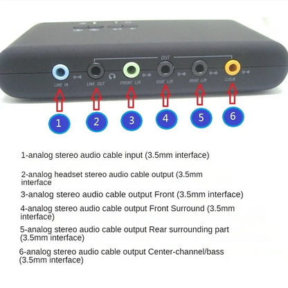 Black stereo usb external 3d sound card back side with six labeled 3.5mm jacks for channel recording playback and dynamic audio optical