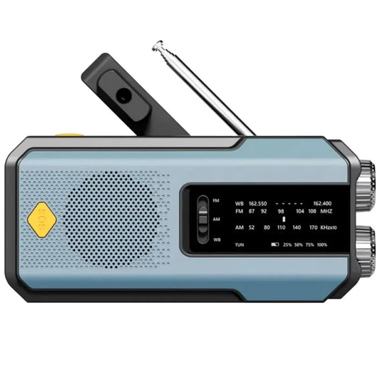 Stonego mini portable handheld rechargeable digital fm usb radio in light blue and black with yellow button and silver antenna