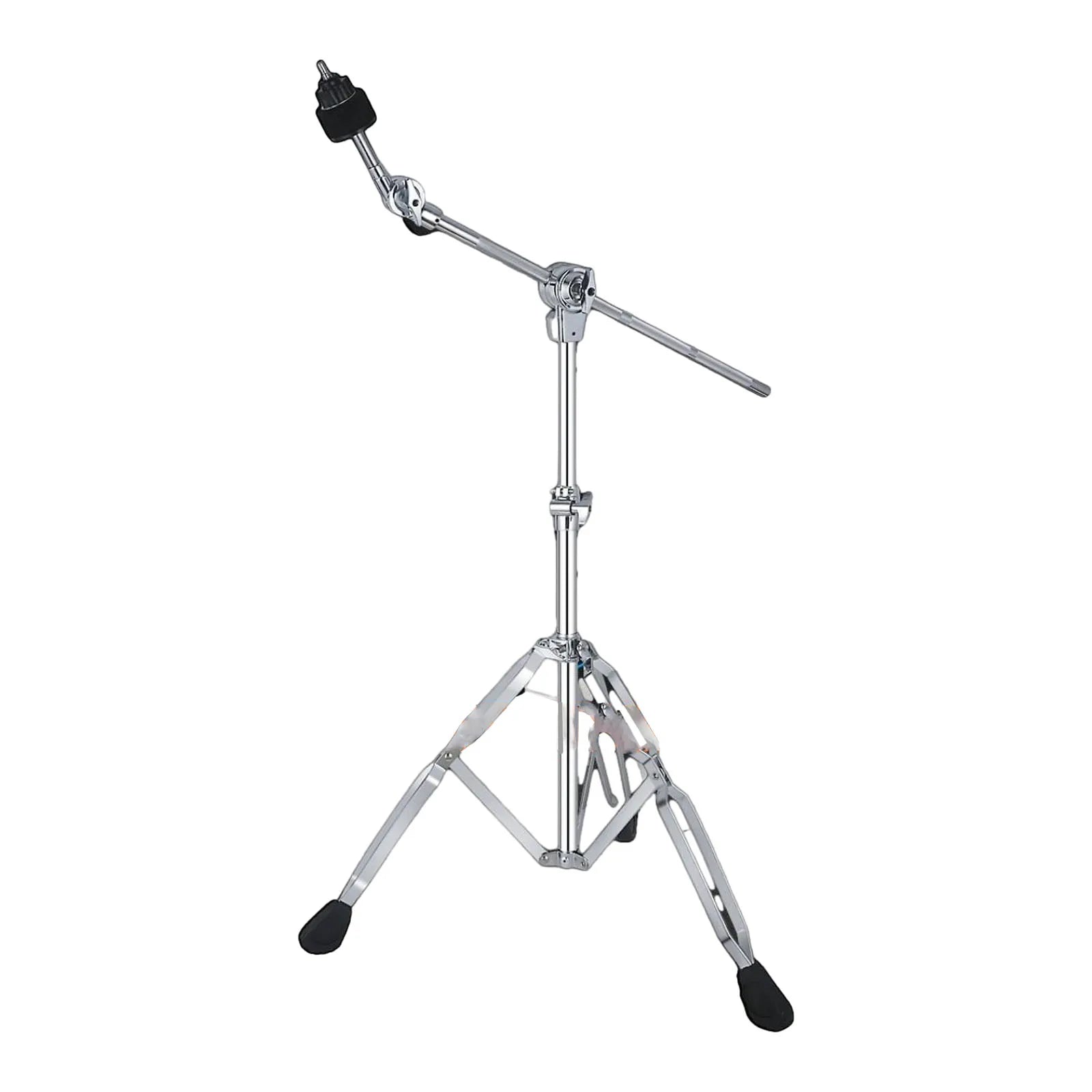Chrome-finished adjustable floor triangle cymbal stand with black rubber feet and padded clamp percussion holder mount