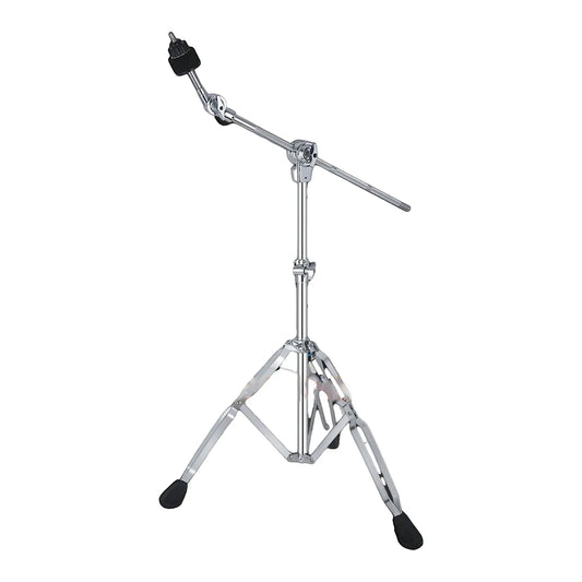 Chrome-finished adjustable floor triangle cymbal stand with black rubber feet and padded clamp percussion holder mount