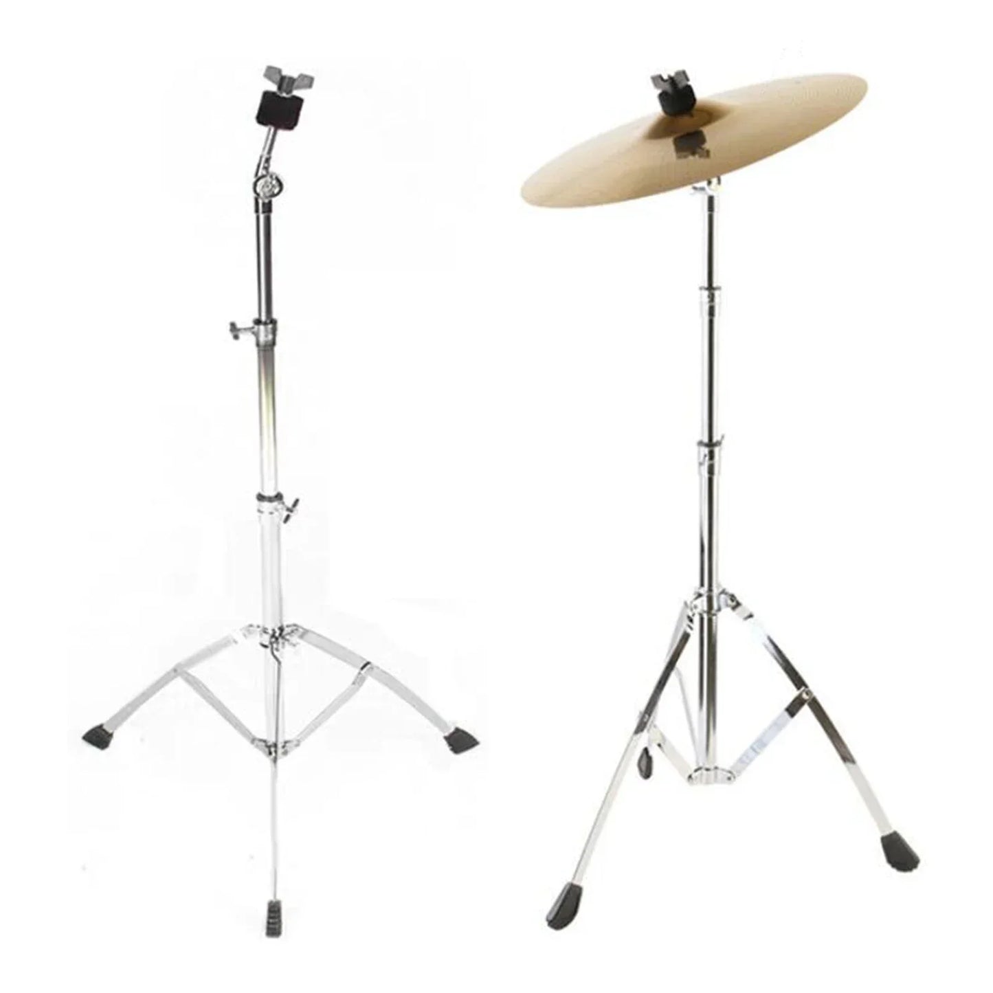 Chrome-finished metal straight cymbal stand with adjustable floor triangle height and bronze crash percussion holder mount