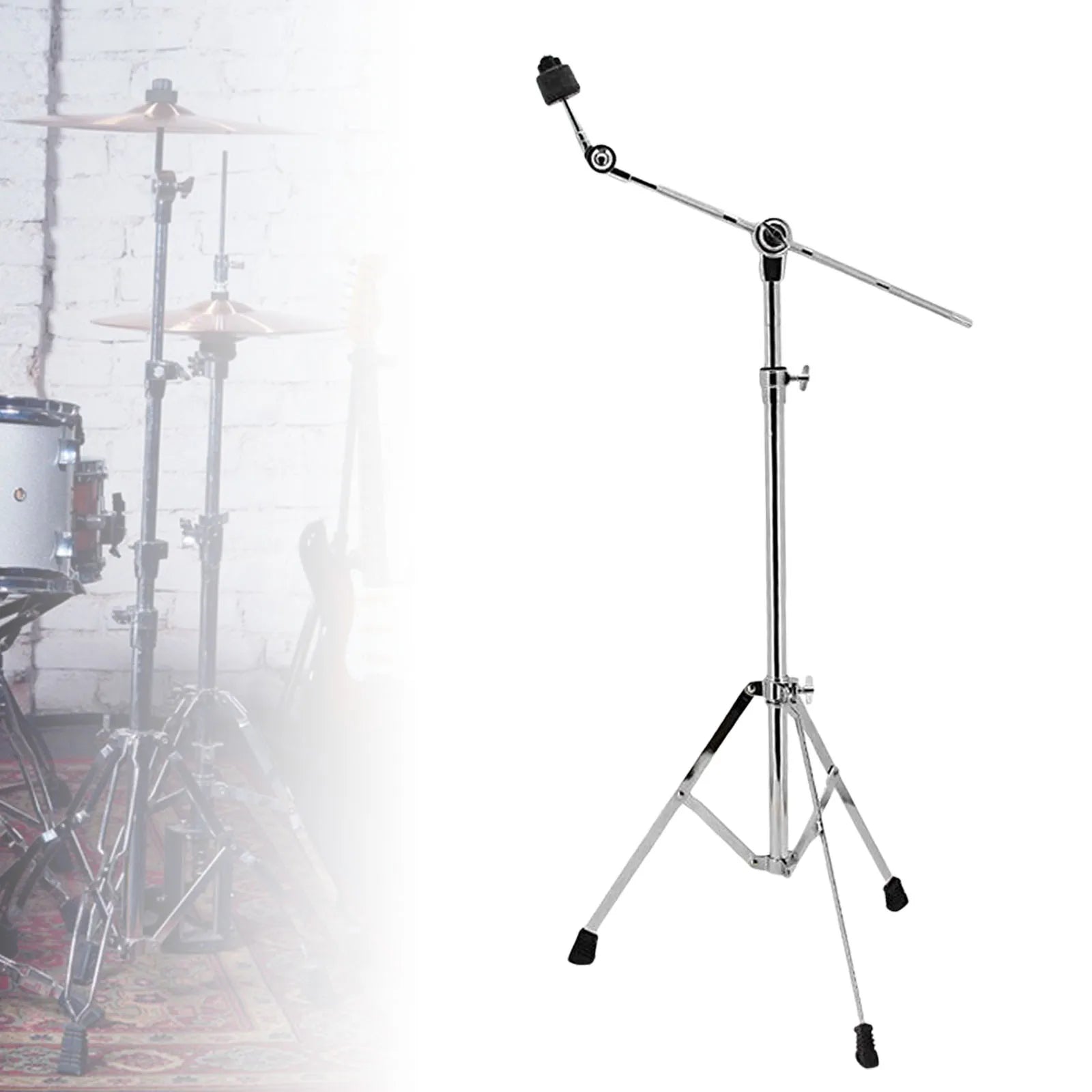 Chrome-finished straight cymbal stand with adjustable floor triangle bracket, black rubber feet, and percussion holder mount