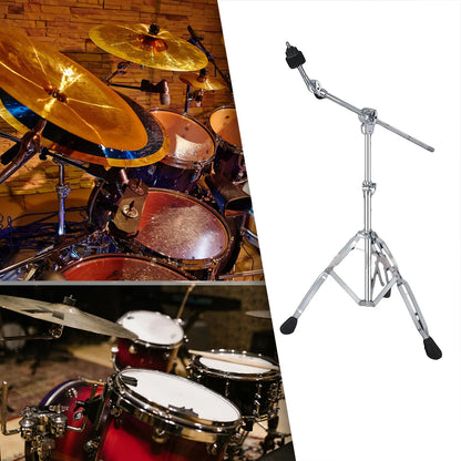 Chrome-finished cymbal stand height with adjustable floor triangle bracket and black rubber feet percussion holder mount
