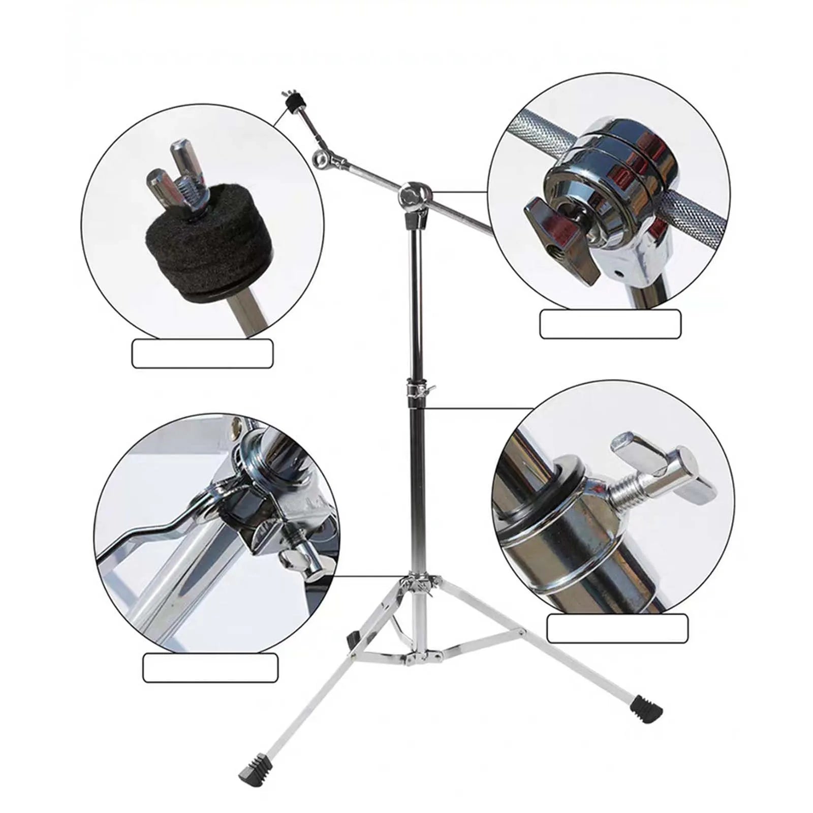 Chrome-finished straight cymbal stand with adjustable arms, black rubber feet, and height adjustable floor triangle percussion holder mount