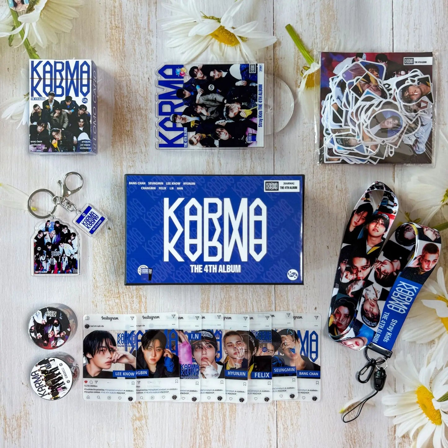 Blue kormo 4th album box with white lettering and group photo for stray kids gift karma felix huang xuanchen skzoo set
