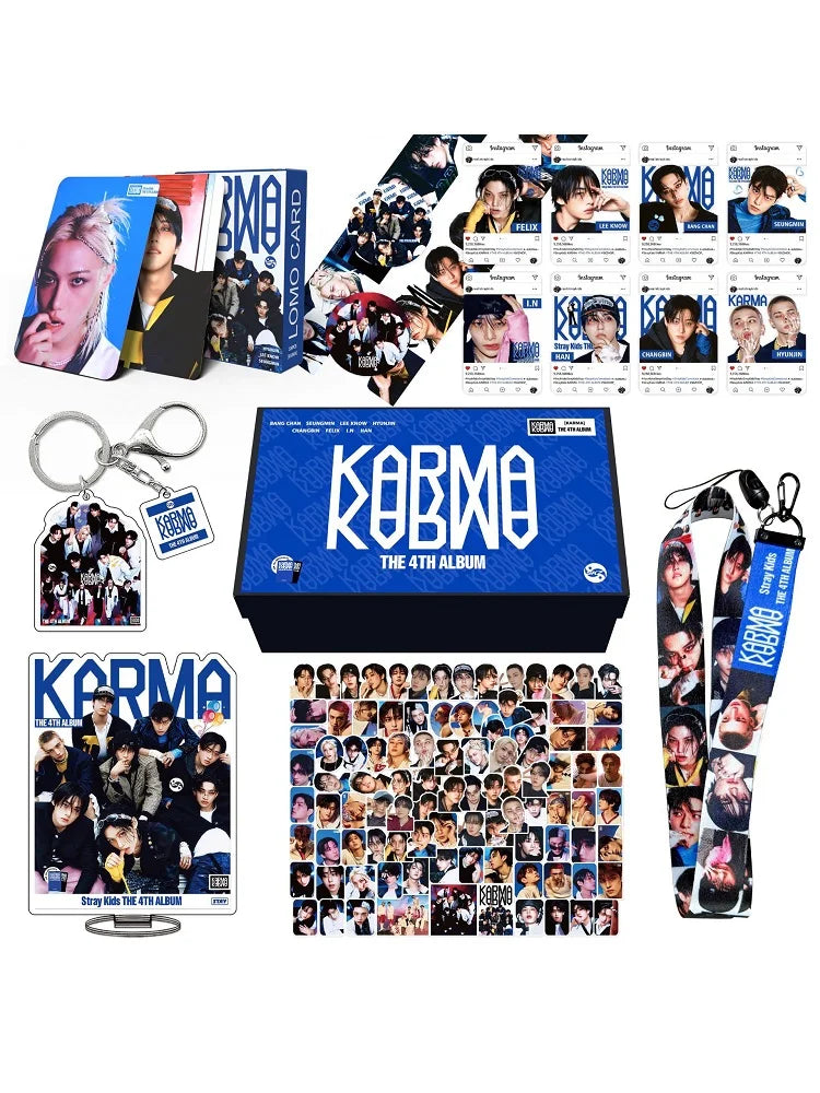 Blue rectangular stray kids gift box with white kobmo text and glossy finish featuring karma felix huang xuanchen skzoo design