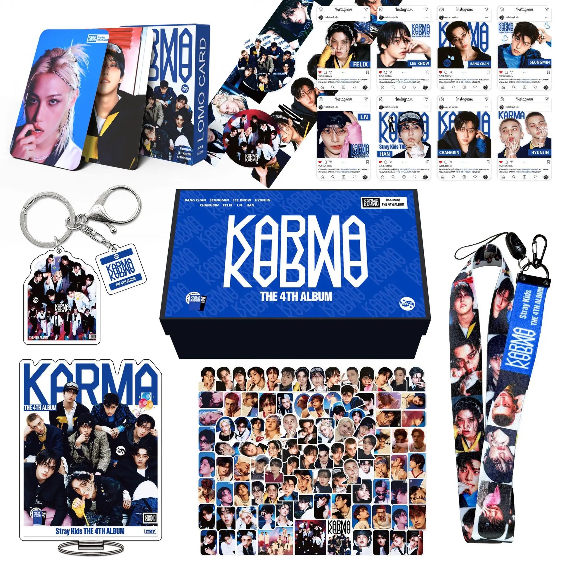 Blue rectangular stray kids gift box with white kobmo text featuring karma felix huang and huang xuanchen skzoo photo