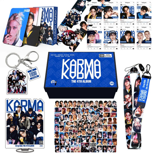 Blue rectangular stray kids gift box with white kobmo text featuring karma felix huang and huang xuanchen skzoo photo