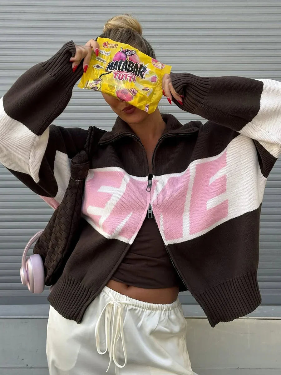 Brown and white knit bomber jacket with pink sme embroidered lettering street harajuku oversized warm letter splicing cardigan y2k