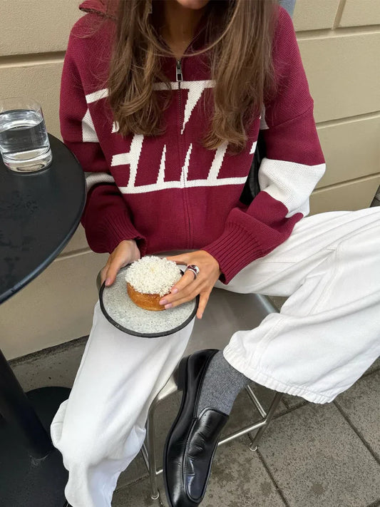 Maroon and white street harajuku oversized embroidered cardigan y2k with warm letter splicing and zip-up design