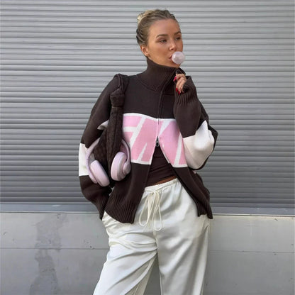 Brown and white color-blocked street harajuku oversized knit zip-up embroidered cardigan y2k with bold pink warm letter splicing