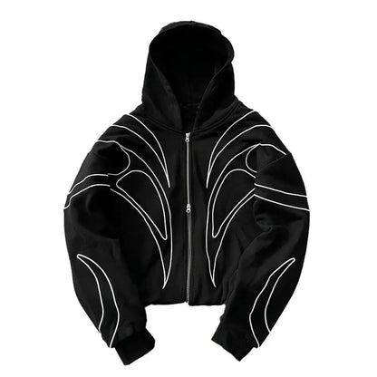 Black zip-up hoodie with white embroidered wing-like patterns, street retro fashion punk oversized sweatshirt for women