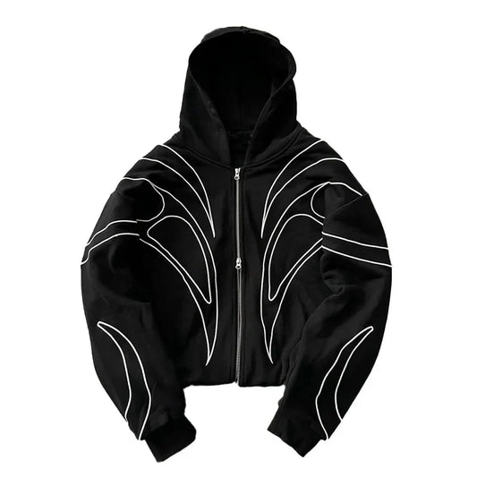 Black zip-up hoodie with white embroidered wing-like patterns, street retro fashion punk oversized sweatshirt for women