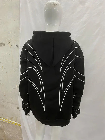 Back side of a black embroidered double zipper hoodie with bold wing-like patterns in street retro fashion style