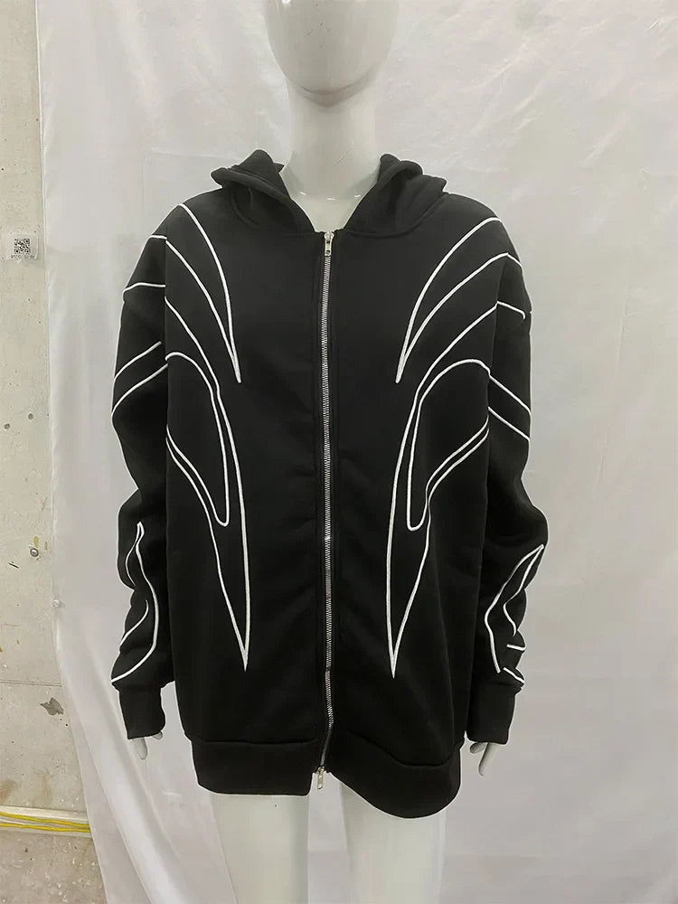 Black zip-up hoodie with bold white abstract embroidered lines, a punk oversized sweatshirt in street retro fashion style