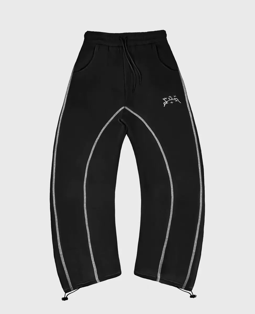 Black sweatpants with silver contrast stitching and embroidered logo paired with trendy silhouettes unique sweatshirts casual hoodies
