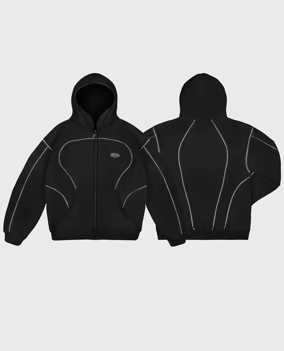 Black zip-up hoodie with white contrast stitching and small chest logo in trendy silhouettes unique casual hoodies design