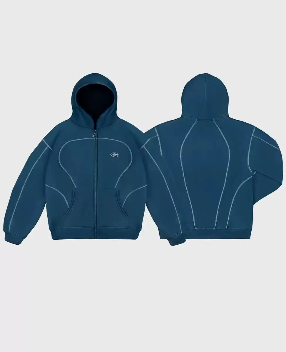 Dark blue zip-up hoodie with light gray stitching in trendy silhouettes unique patterned oversized sweatshirts casual hoodies