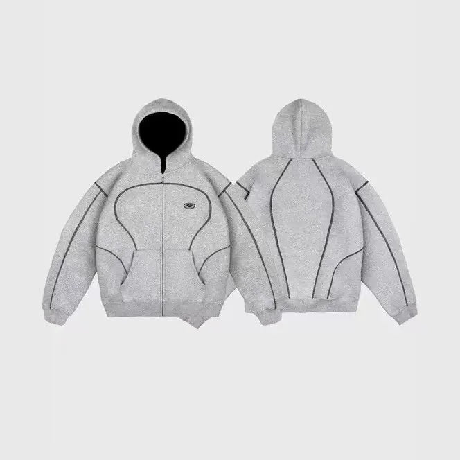 Gray zip-up hoodie with black contrast stitching and small chest logo featuring trendy silhouettes unique casual hoodies