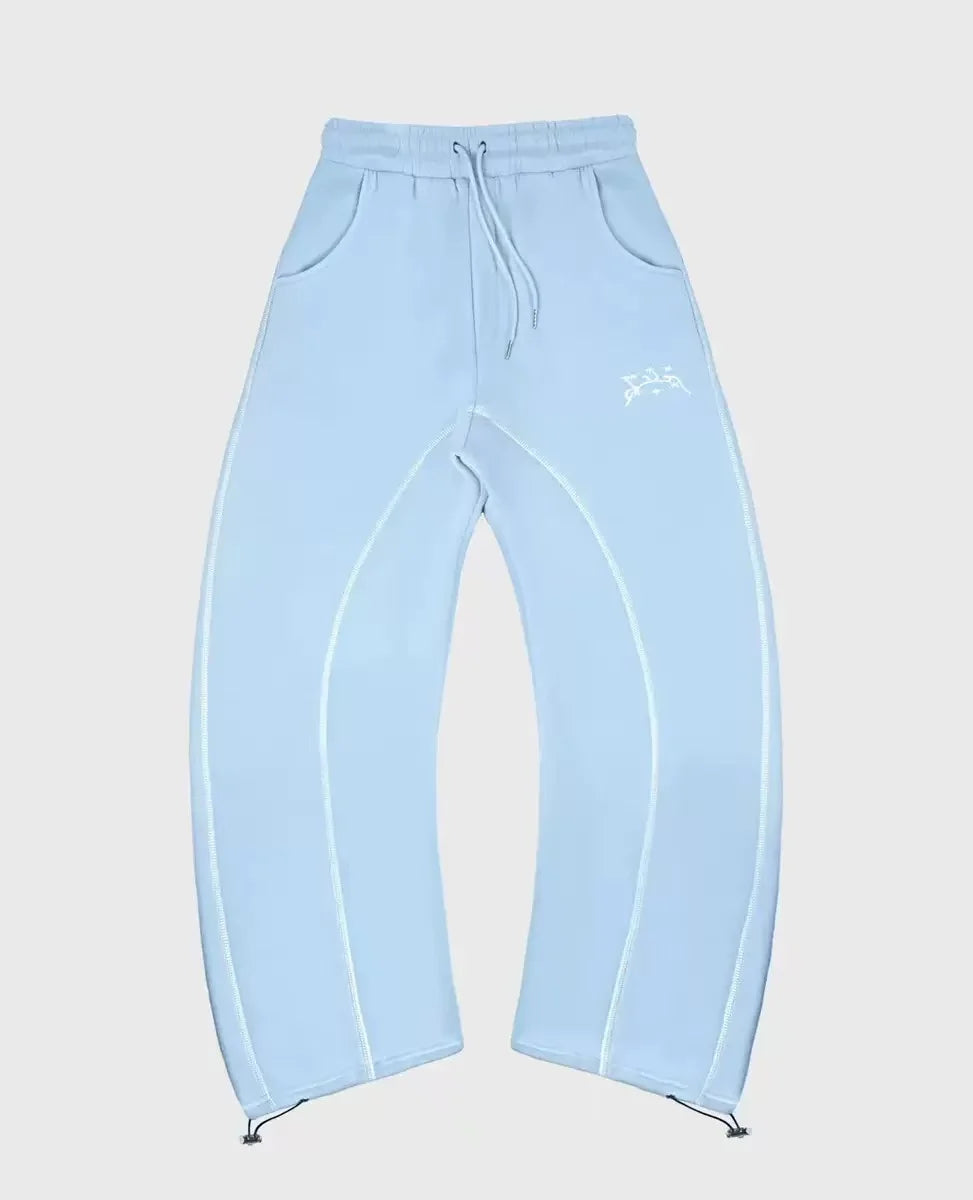 Light blue sweatpants with white stitching and embroidered logo complement street retro trendy silhouettes unique casual hoodies