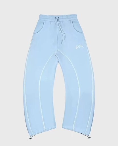 Light blue sweatpants with white stitching and embroidered logo complement street retro trendy silhouettes unique casual hoodies