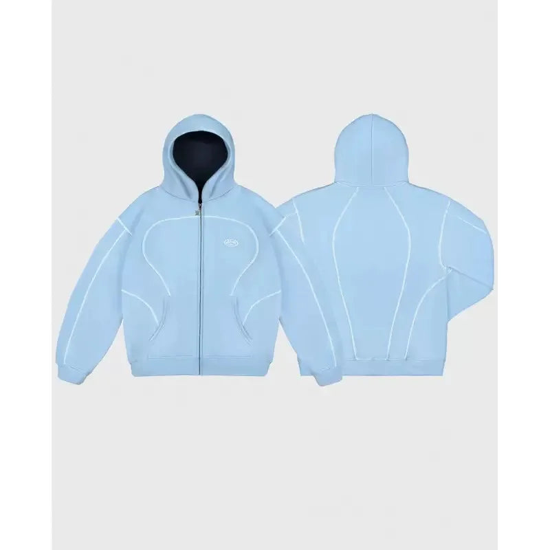 Light blue zip-up hoodie with white contrast stitching and small chest logo from trendy silhouettes unique sweatshirts casual hoodies