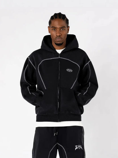Black zip-up hoodie with contrasting gray stitching and small embroidered logo from trendy silhouettes unique casual hoodies collection