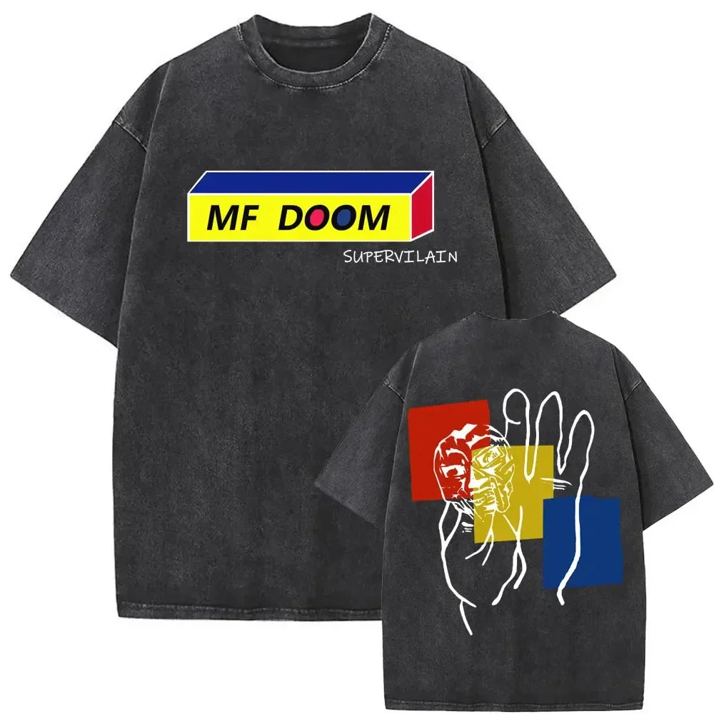 Black oversized washed vintage rapper t-shirt with bold yellow blue rapper mf doom graphic and abstract doom mm food hand design