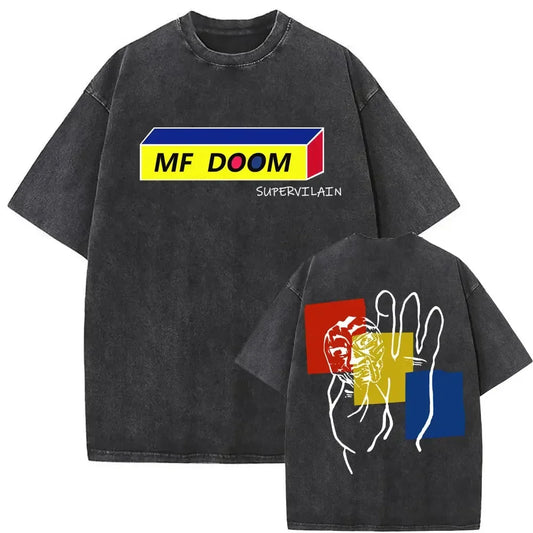 Black oversized washed vintage rapper t-shirt with bold yellow blue rapper mf doom graphic and abstract doom mm food hand design
