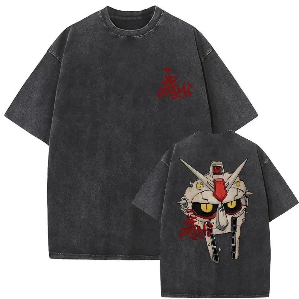 Dark gray washed vintage rapper mf doom cotton t-shirt back featuring white and red gundam head with blood splatters