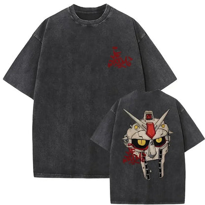 Dark gray washed vintage rapper mf doom cotton t-shirt back featuring white and red gundam head with blood splatters
