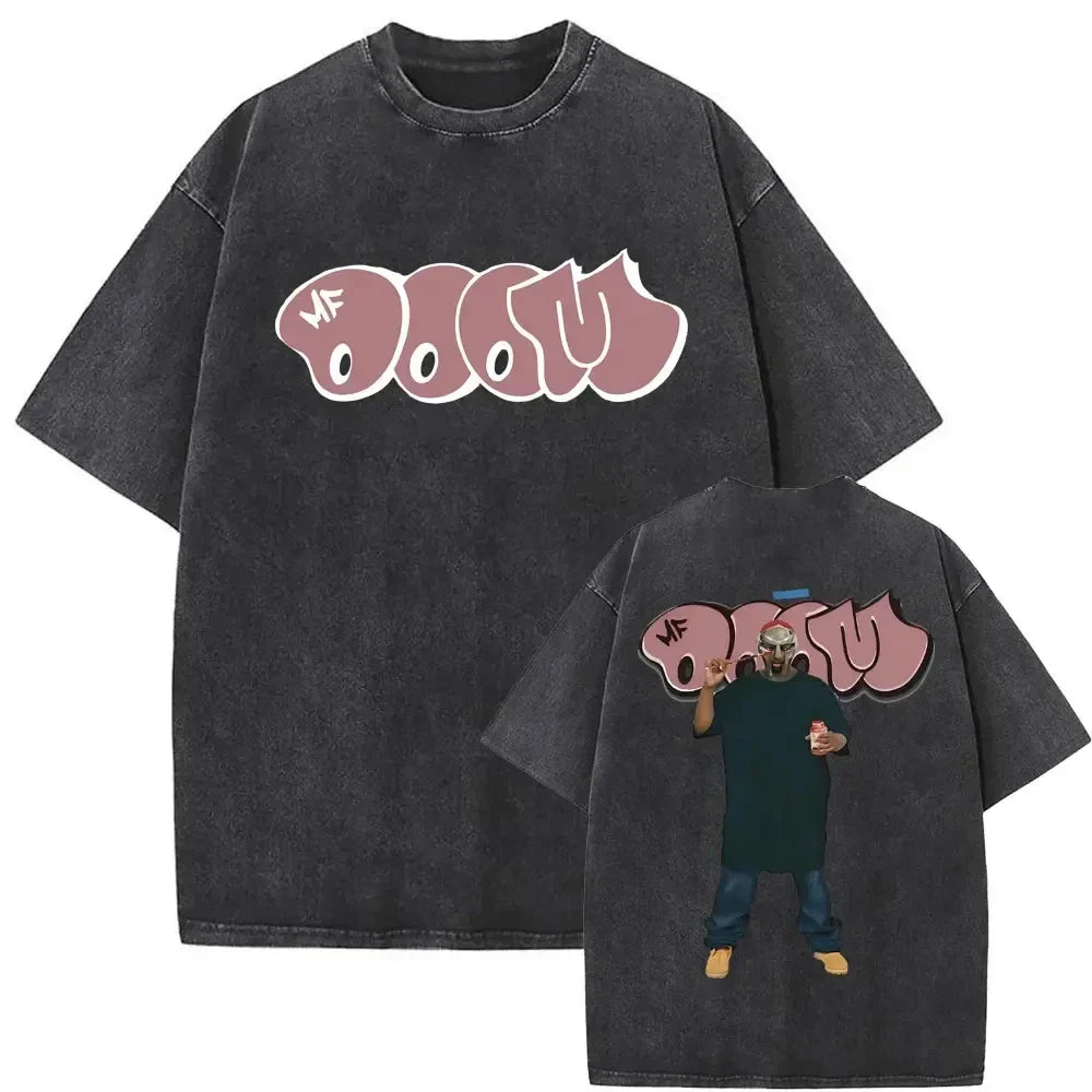 Black distressed cotton t-shirt with pink white oocu logo and rapper mf doom doom mm food character print on back