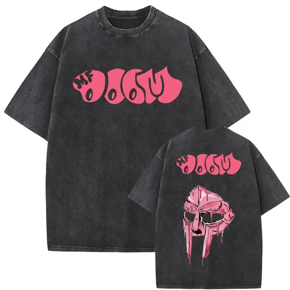 Black oversized t-shirt with pink rapper mf doom lettering and doom mm food mask graphic on the back vintage style