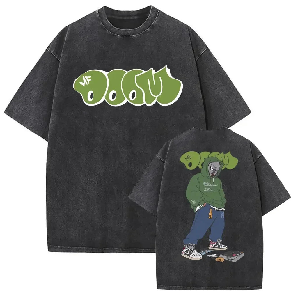 Black oversized t-shirt with faded green oog logo front and cartoon graphic back featuring rapper mf doom doom mm food design
