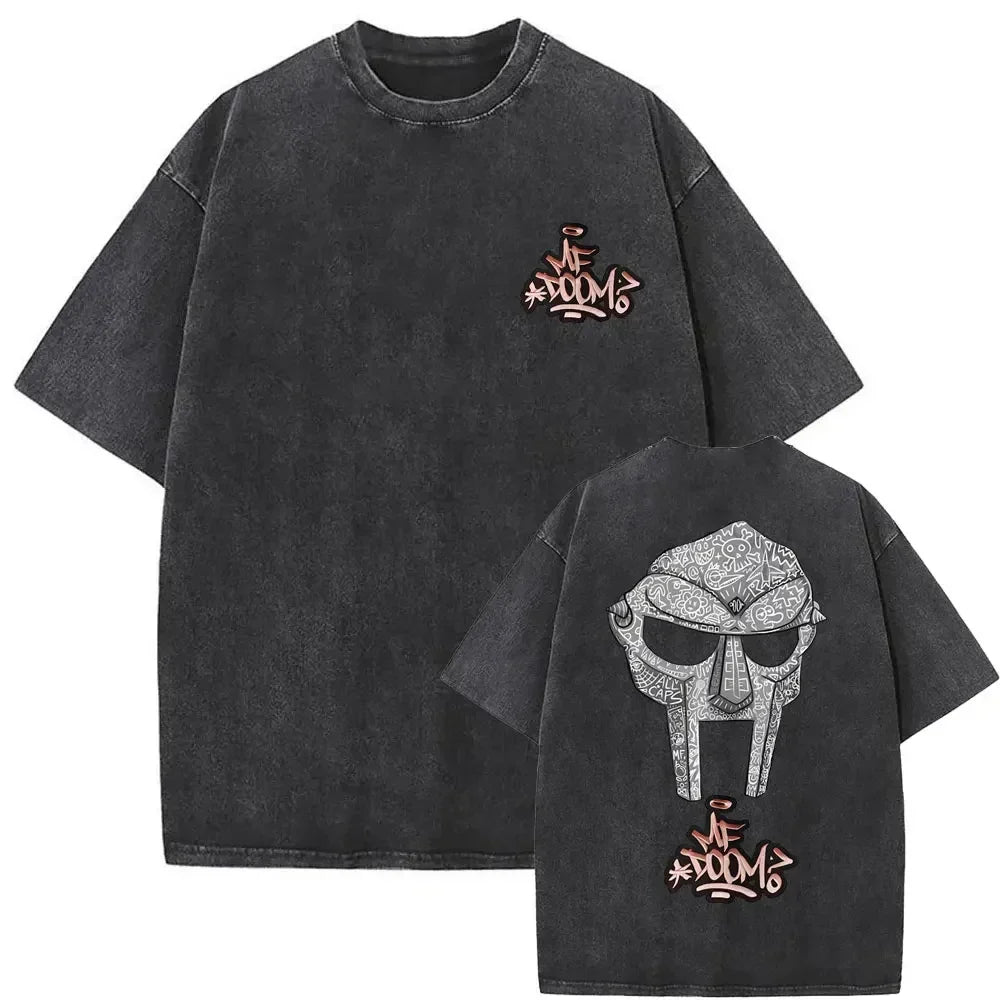 Black oversized washed vintage rapper t-shirt featuring detailed doom mm food mf doom mask graphic on back with chest logo