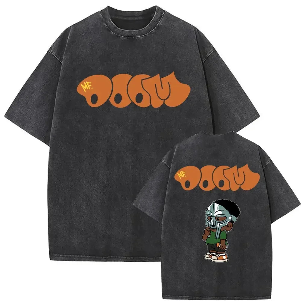 Black distressed cotton t-shirt with bold orange rapper mf doom graphic front and cartoon doom mm food on back