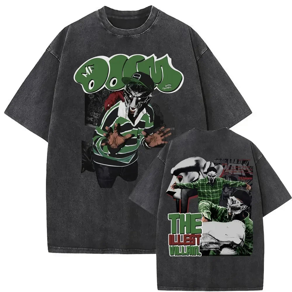 Dark gray oversized washed vintage rapper t-shirt featuring rapper mf doom graphic and doom mm food design on front and back