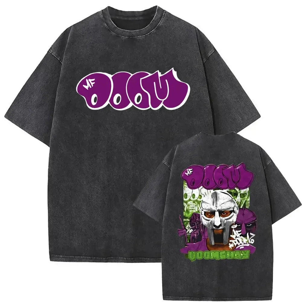 Back of black oversized t-shirt with purple graffiti rapper mf doom lettering and doom slayer graphic for street style casual wear