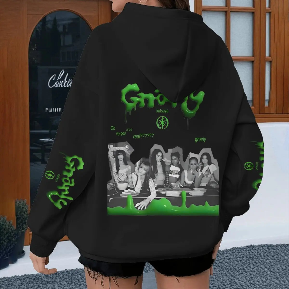 Black hoodie with green slime graphics featuring kpop group g)i-dle in street style katseye spring autumn unisex hoody