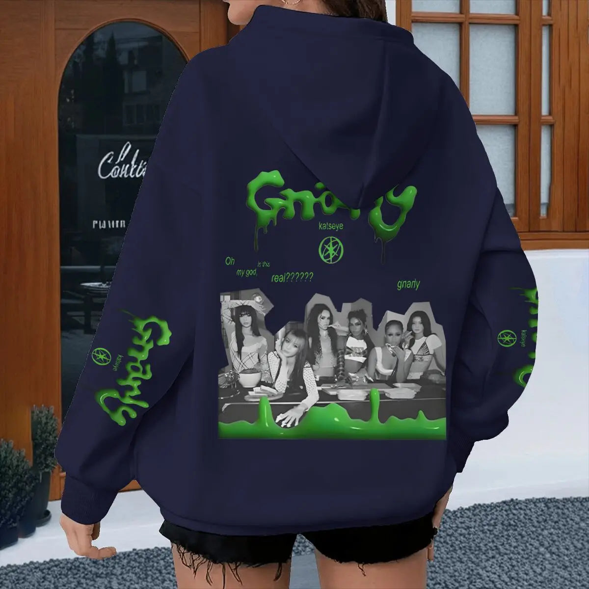 Back side of navy blue oversized hoodie with green slime graphics and k-pop band katseye streetwear photo print for spring autumn unisex use