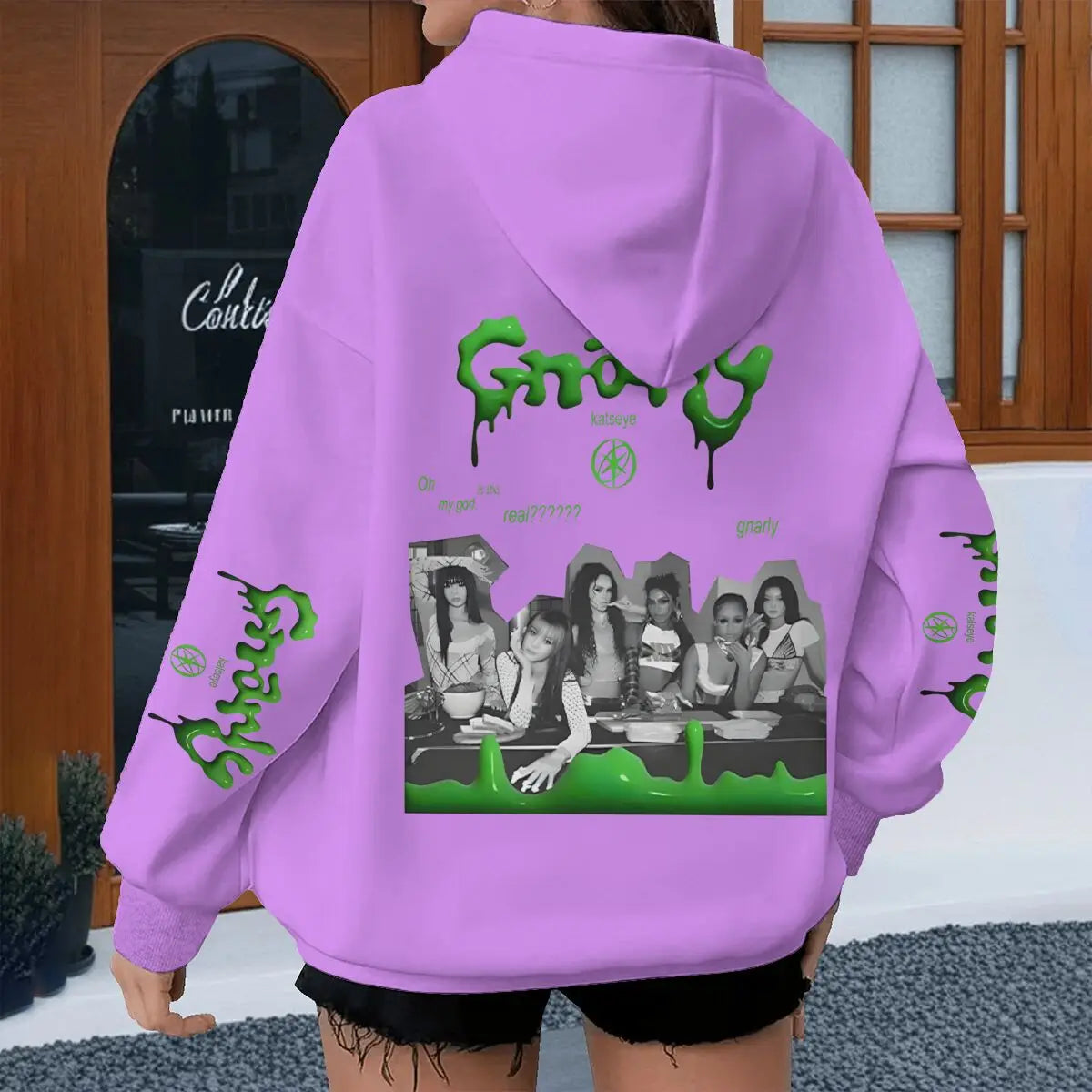 Purple street style katseye hoodie with green slime k-pop gummy graphic in dripping font for spring autumn unisex wear