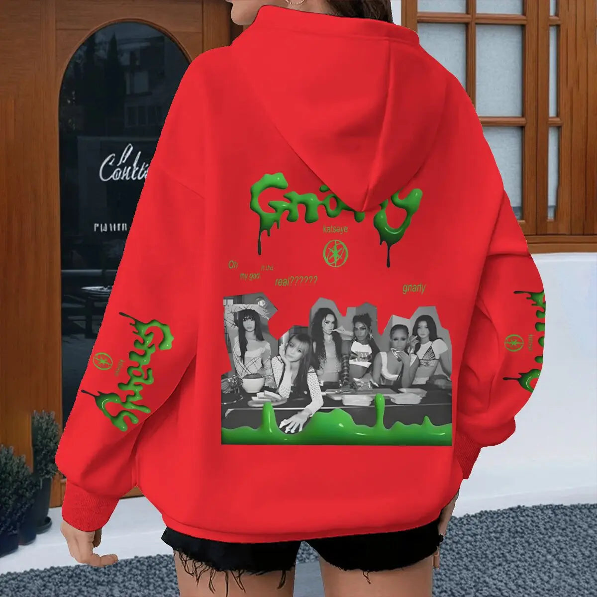 Street style katseye red grumpy hoodie with green dripping text and black and white photo print spring autumn unisex design